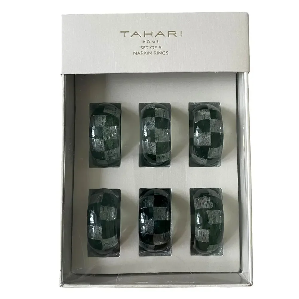 Tahari Home Checkered Acrylic Napkin Rings Set of 6 Green & Clear New